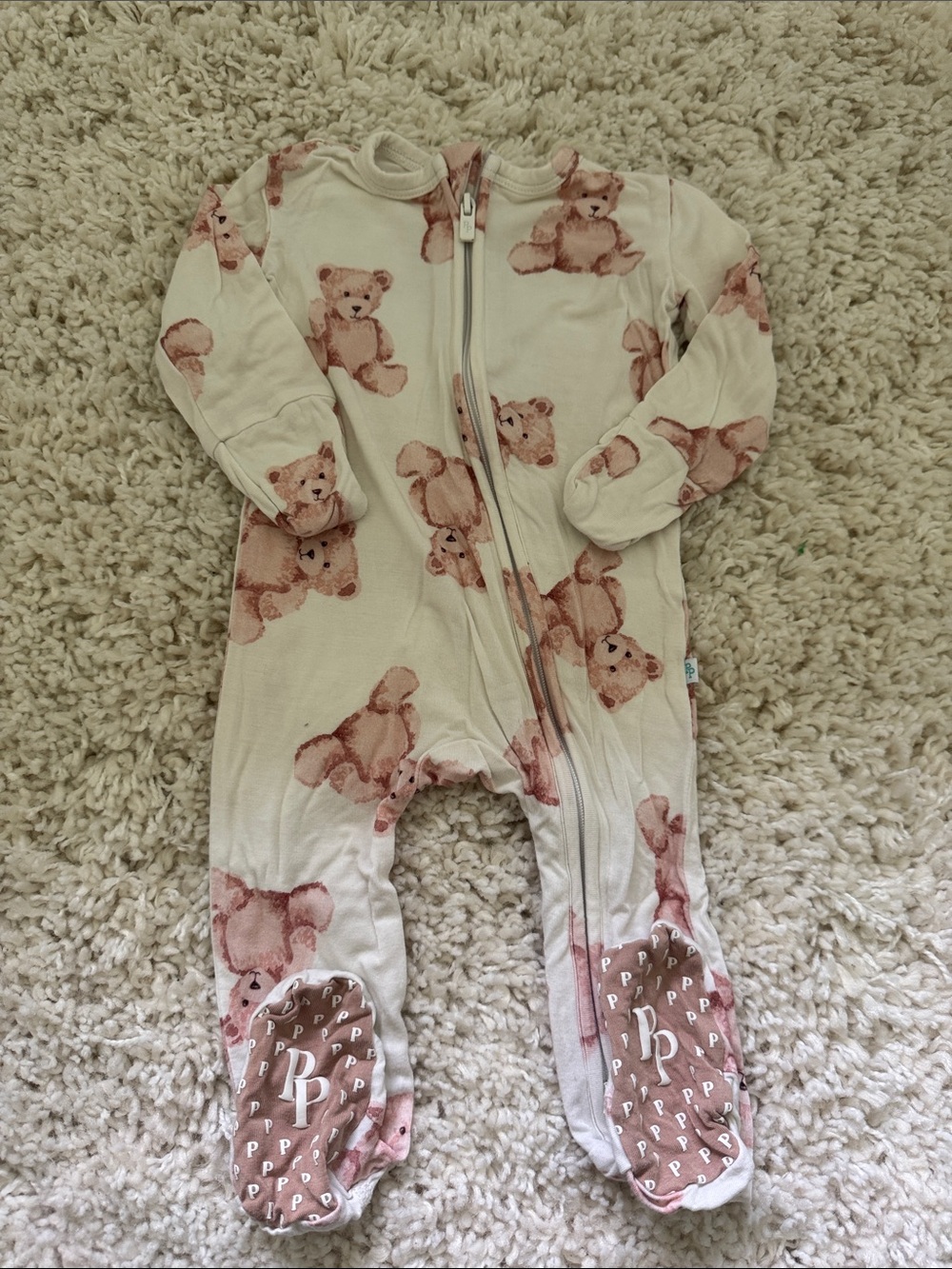 Posh Peanut Teddy Footed One-Piece Pajamas - Cream & Beige